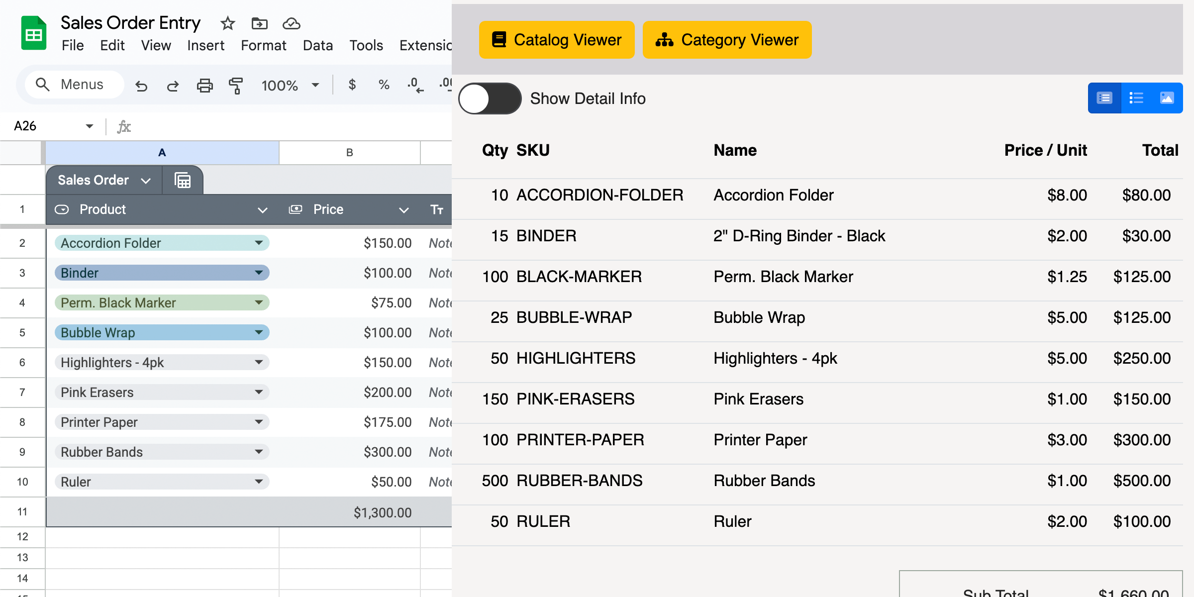 Orderwerks order entry interface showing spreadsheet and catalog views