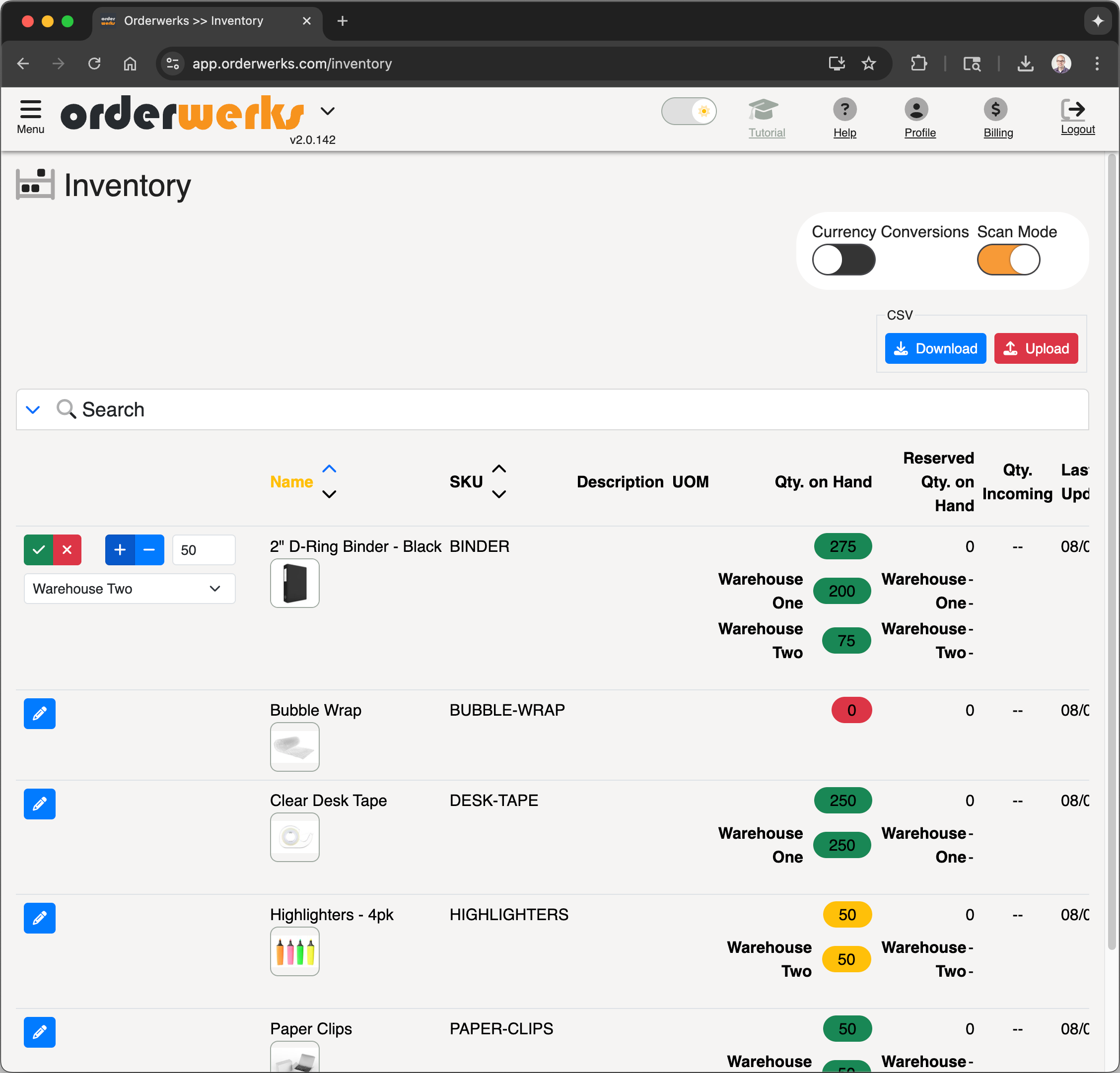 Real-time inventory adjustment interface showing multiple warehouse locations